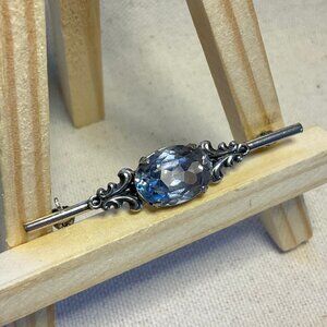 Vintage European Silver Bar Brooch – a Whisper of Blue